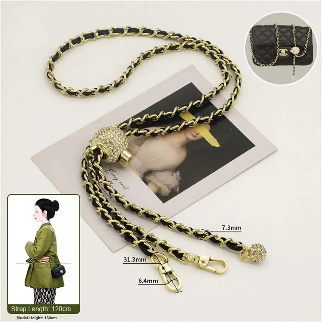 crossbody gold chain with black leather 120cm on a white background