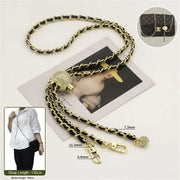 crossbody gold chain with black leather 130cm on a white background