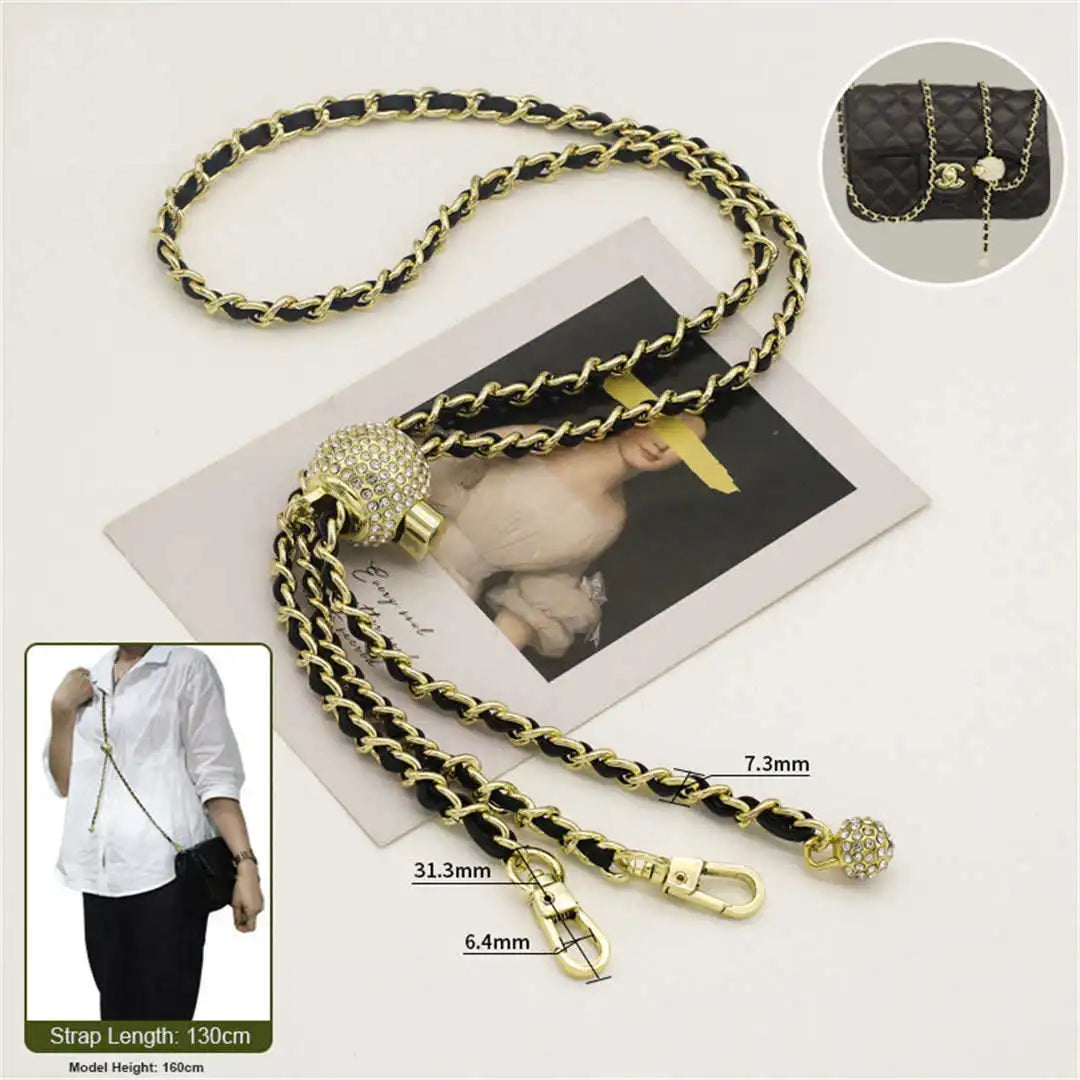 crossbody gold chain with black leather 130cm on a white background
