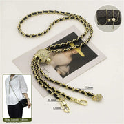 crossbody gold chain with black leather 140cm on a white background