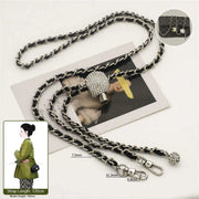 crossbody silver chain with black leather 120cm on a white background