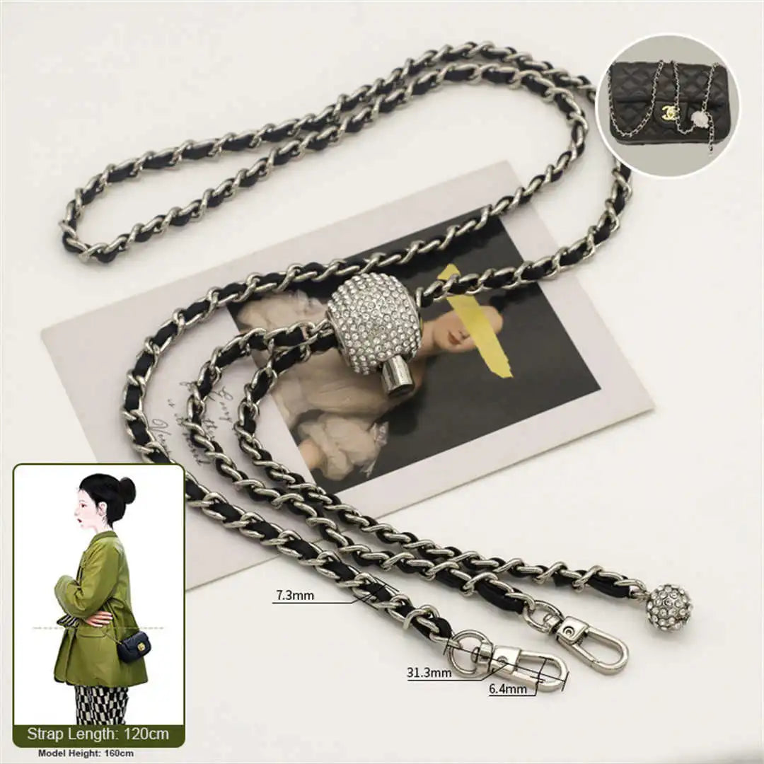 crossbody silver chain with black leather 120cm on a white background