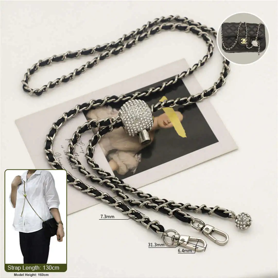 crossbody silver chain with black leather 130cm on a white background