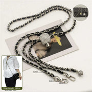 crossbody silver chain with black leather 140cm on a white background