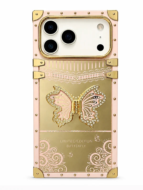A luxury phone case designed for a Samsung Galaxy Ultra, featuring a pink and gold color scheme with a central butterfly embellished with rhinestones. The case has a structured, hard-shell design with gold-tone rivets and corner protectors, and the text 'LIMITED EDITION BUTTERFLY' printed near the bottom.