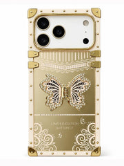 A luxury phone case designed for a Google Pixel, featuring a gold and cream color scheme with a prominent 3D butterfly embellishment on the back, decorative scrollwork, and gold-tone rivets and corner protectors.