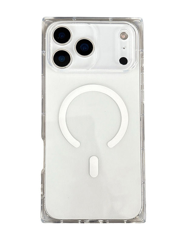 Clear phone case with Magsafe on a white background