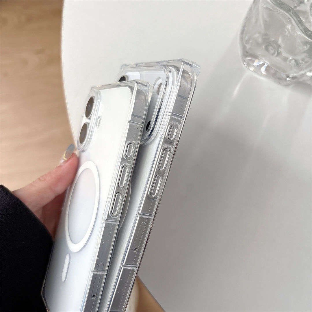 Clear phone case with geometric pattern held by a hand on a light background