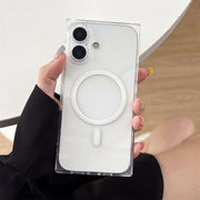 transparent iPhone 17 case with a magnetic ring held by a person.