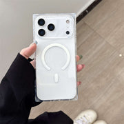 Clear phone case held by a person on a wooden floor