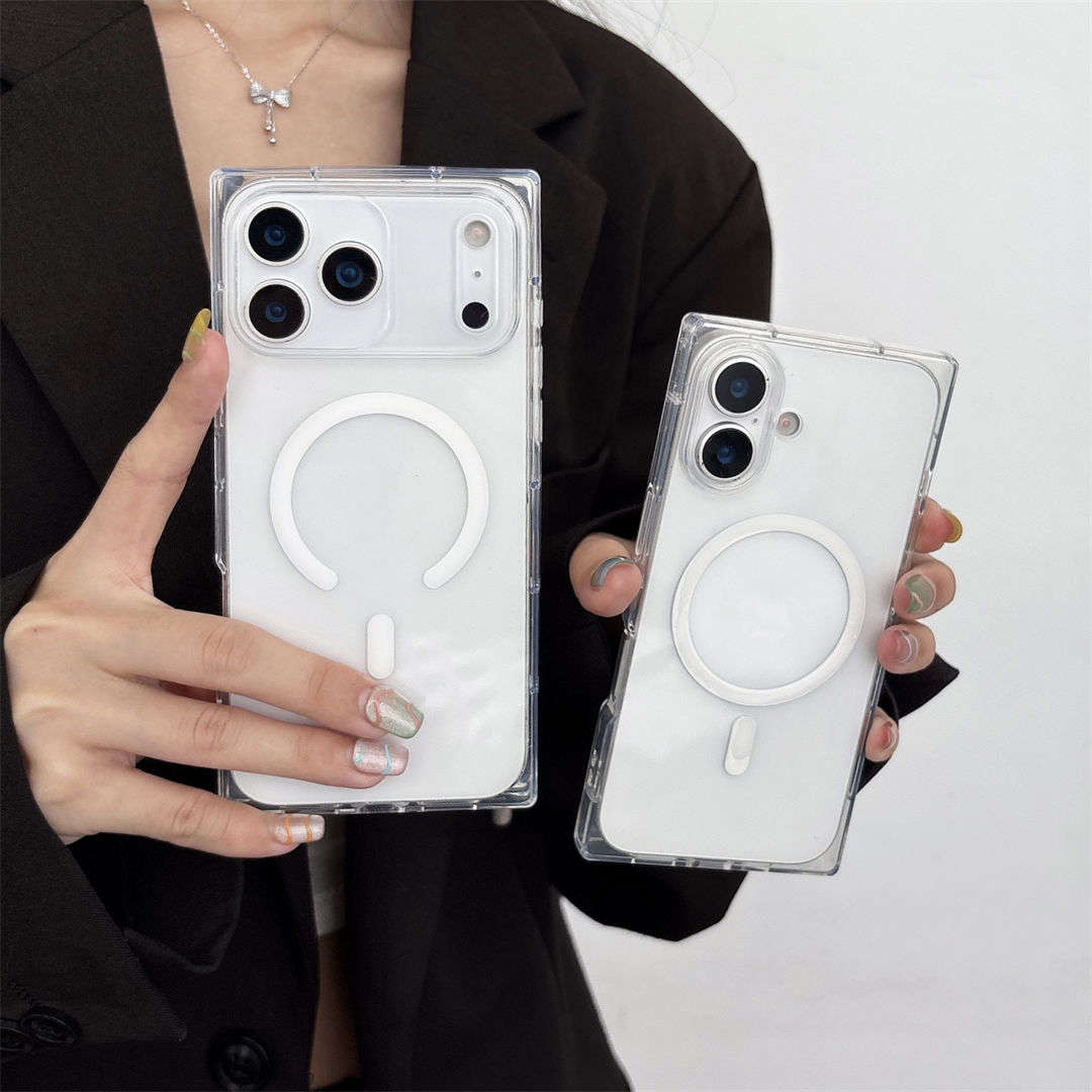 Person holding two clear phone cases with a white background