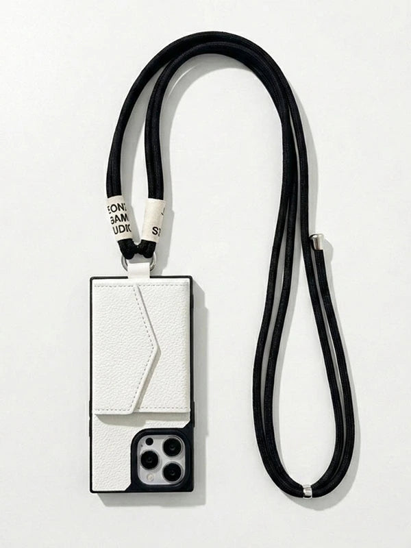 Square wallet Phone case with crossbody lanyard on a white background