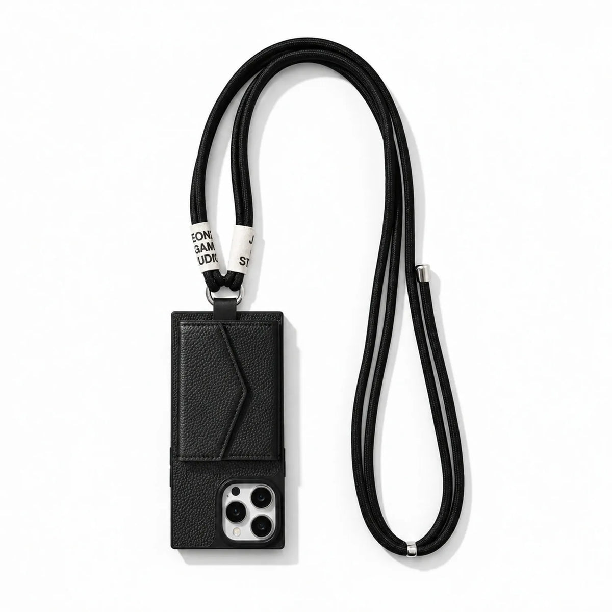 Black wallet phone case with a lanyard on a white background