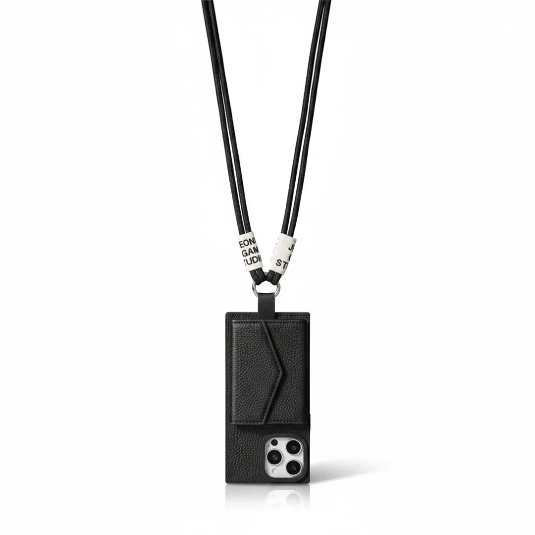 Black wallet phone case with a lanyard on a white background