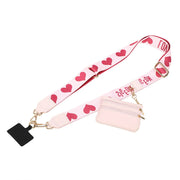 Pink lanyard with heart patterns and a matching pouch on a white background