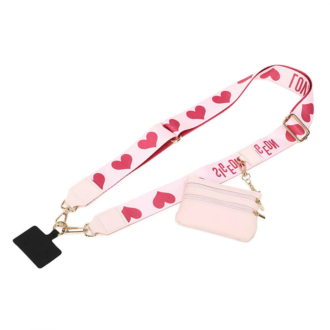 Pink lanyard with heart patterns and a matching pouch on a white background