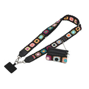 Black strap with colorful floral patterns and a matching pouch on a white background