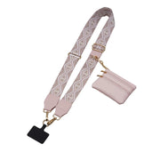Pink and gold patterned bag strap with a matching pouch on a white background