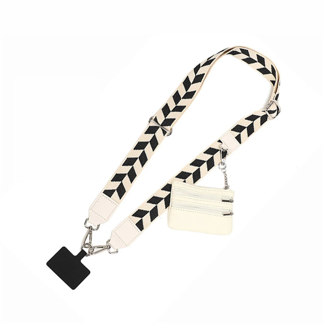 Black and white checkered lanyard with a small pouch on a white background