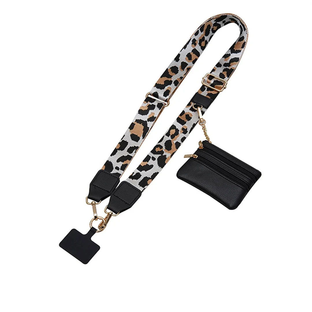 Leopard print lanyard with a black card holder on a white background