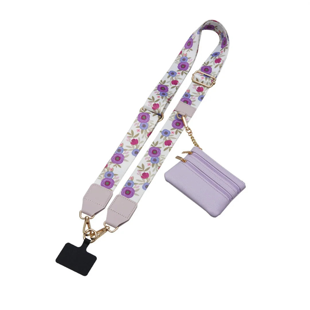 Floral-patterned strap with a matching cardholder on a white background