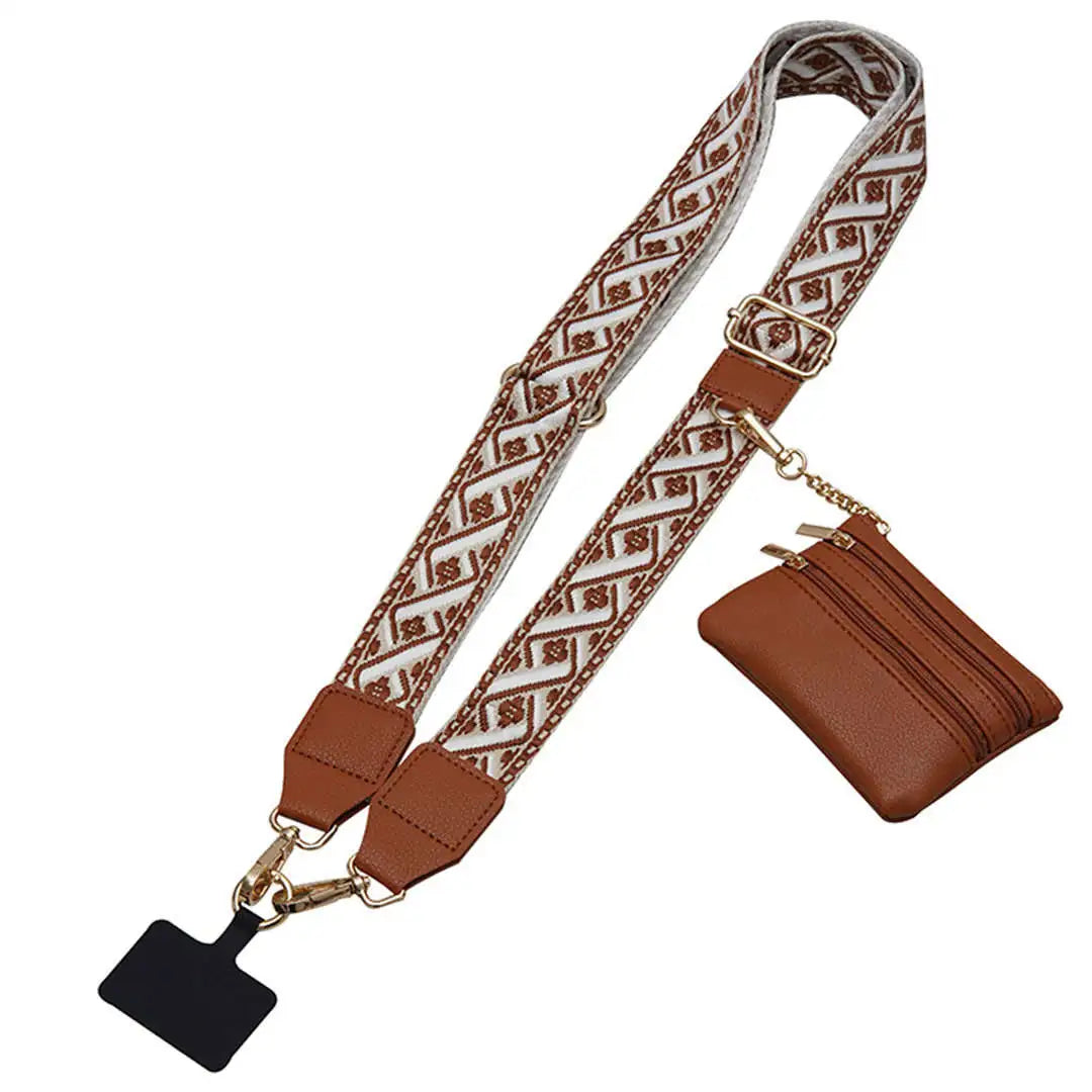 Brown leather cardholder with patterned strap on a white background