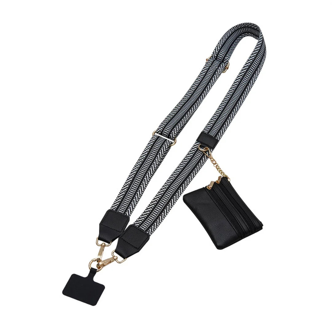 Black and white striped lanyard with a black pouch on a white background