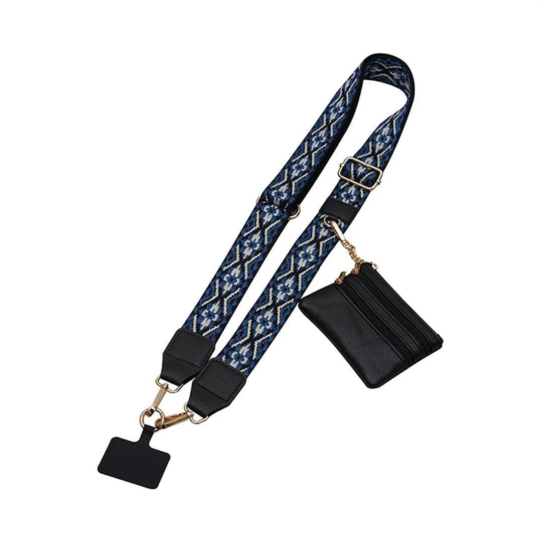 Lanyard with patterned strap and attached black pouch on a white background