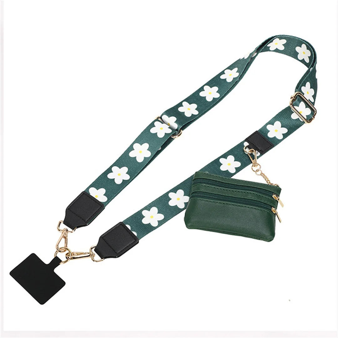 Green floral strap with a small green purse on a white background