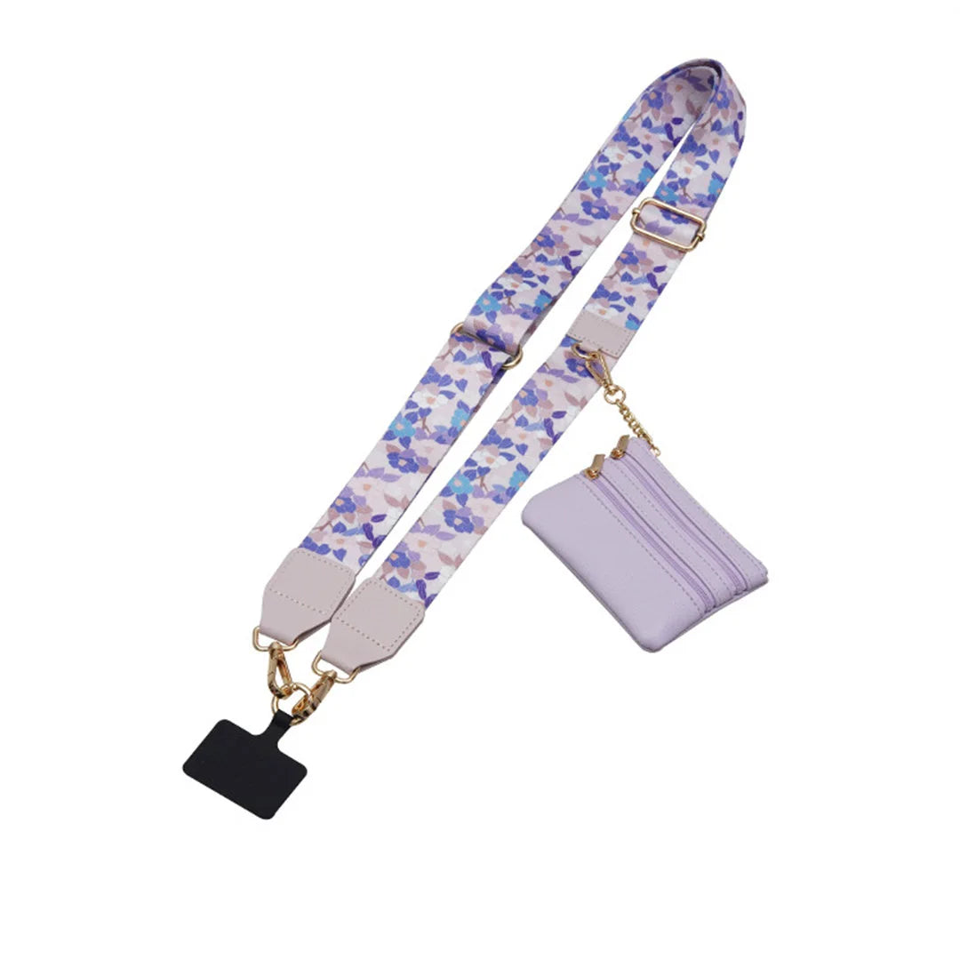 Floral-patterned strap with a matching cardholder on a white background