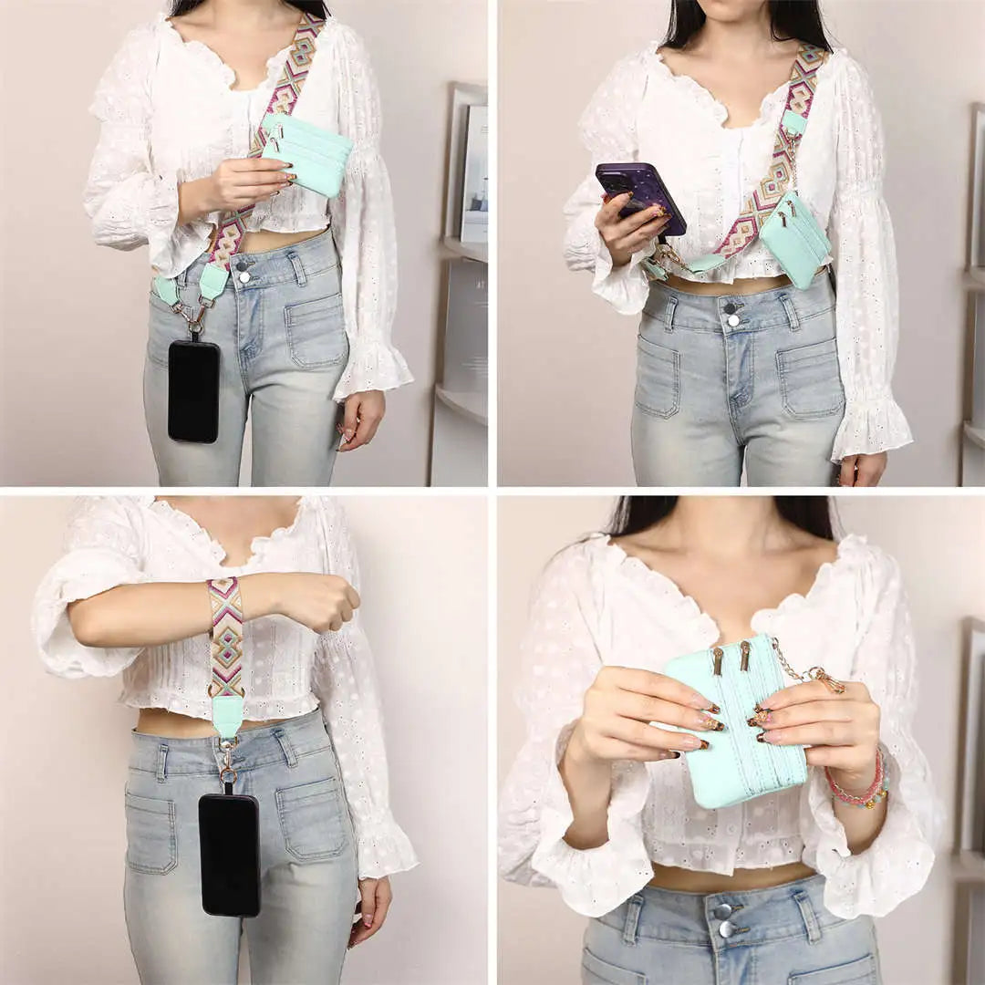 Person wearing a white blouse and light blue jeans, holding a turquoise phone case.