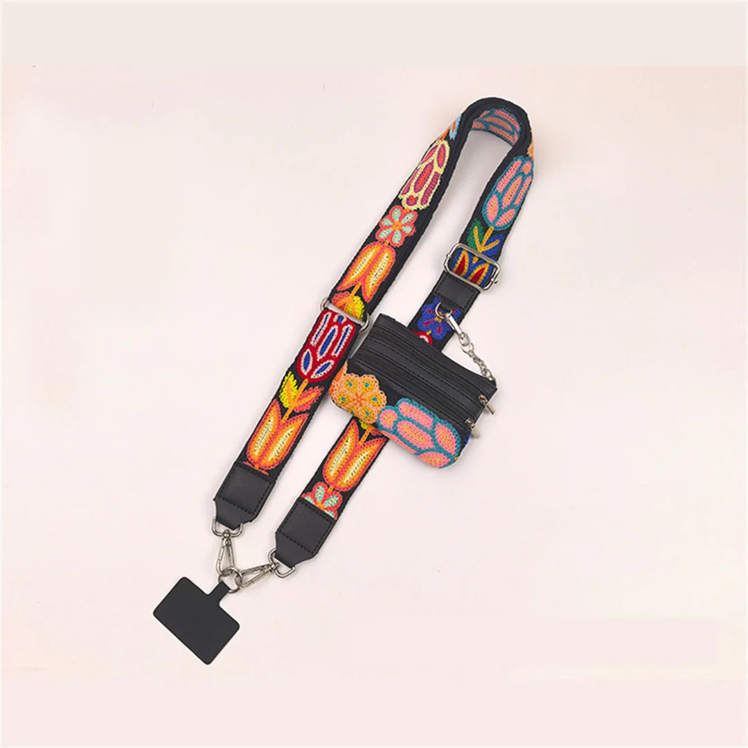 Colorful lanyard with attached wallet on a light pink background