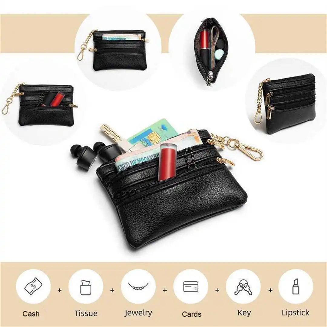 Black leather pouch with various items and icons indicating its uses.