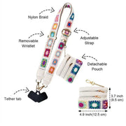 Multicolored floral lanyard with detachable pouch, wristlet, and strap on a white background.