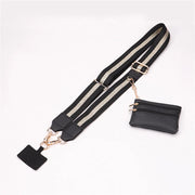 Black and gold suspenders with a black pouch on a white background