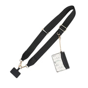 Black suspenders with a floral-patterned card holder on a white background