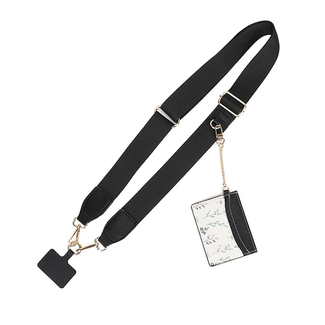 Black suspenders with a floral-patterned card holder on a white background