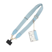 Light blue strap with a name tag holder on a white background