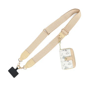 Beige adjustable strap with a small floral-patterned bag on a white background