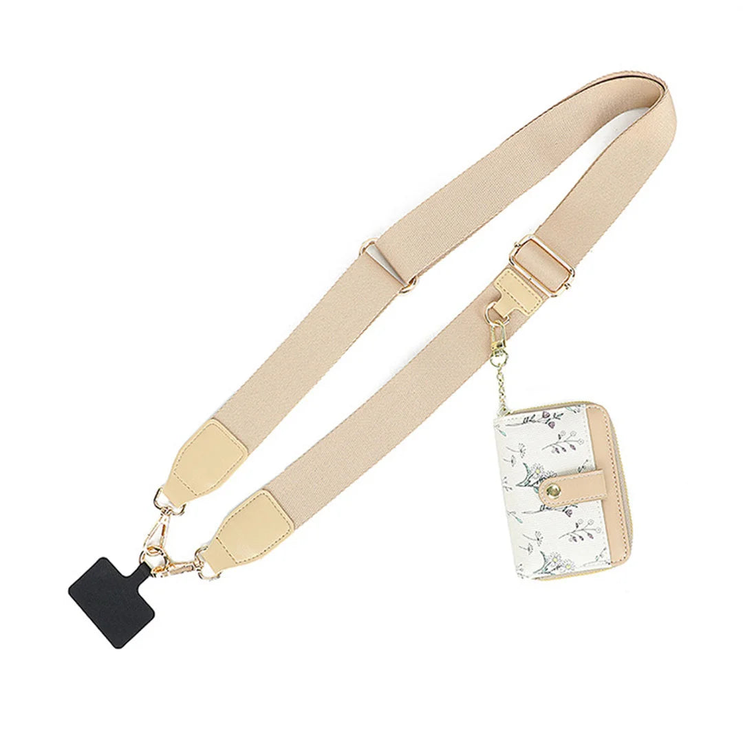 Beige adjustable strap with a small floral-patterned bag on a white background