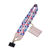 Floral patterned strap with a pink cardholder on a white background