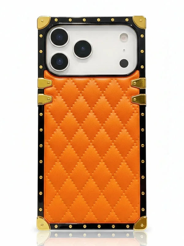 Orange quilted phone case with gold accents on a white background