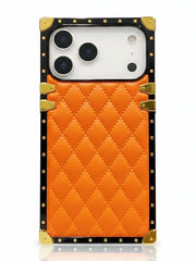 Orange quilted phone case with gold accents on a white background