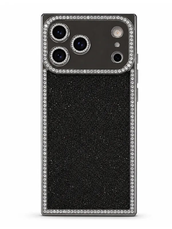 A black glitter phone case with a silver metallic border studded with clear rhinestones, shown on a white background.