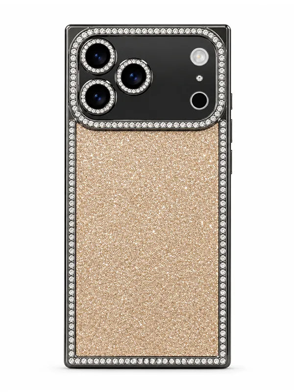 A gold glitter phone case with a black bumper frame adorned with clear rhinestones, shown on a white background.