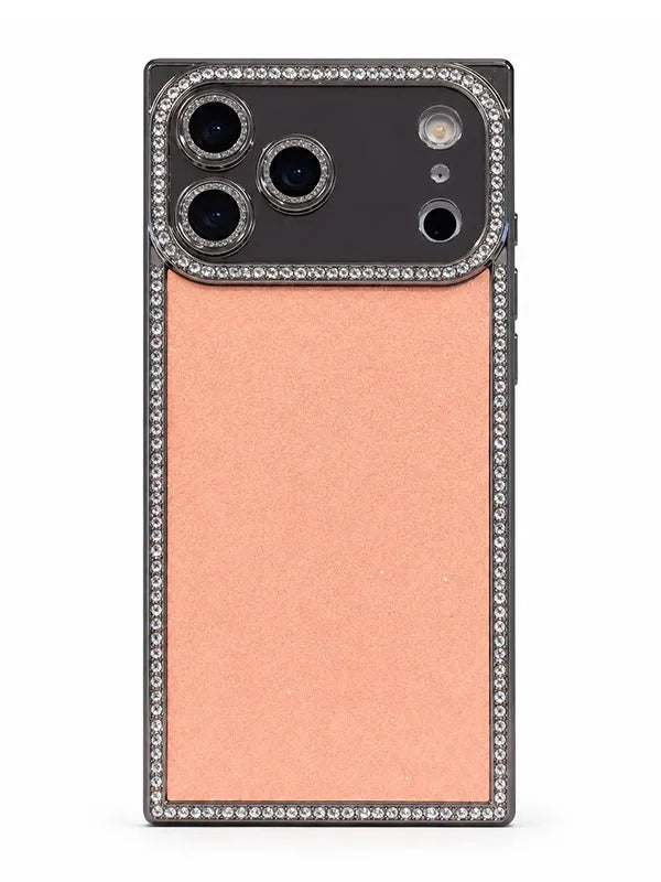 A protective phone case with a textured rose gold back panel and a silver rhinestone-studded border, shown on a white background.