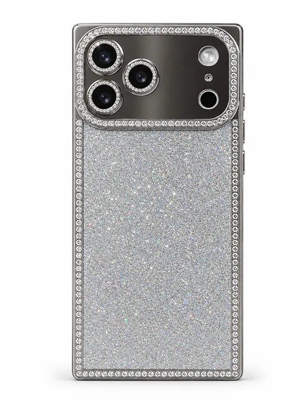 A silver glitter phone case with a sparkling rhinestone border, shown on a smartphone against a white background.