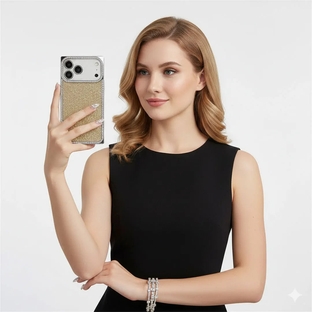 Woman holding a phone with a glittery case against a white background