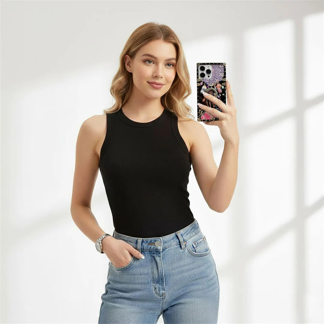 Woman holding a phone with a black case against a white background