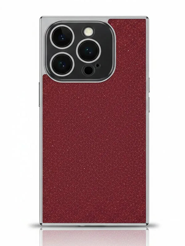 starry Phone case with red glittery back and clear front on a white background